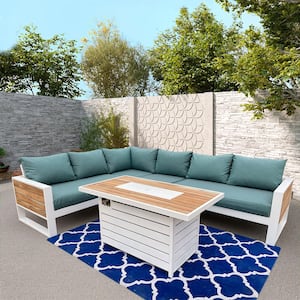 Denver 5-Piece Aluminum Outdoor Patio Fire Pit Deep Sectional Seating Set with Cast Breeze Acrylic Cushions