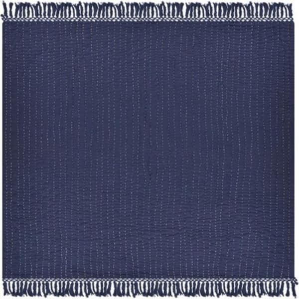 Unbranded Beck Navy / Off-White Farmhouse Solid Running Stitch Fringed All Natural Cotton Throw Blanket