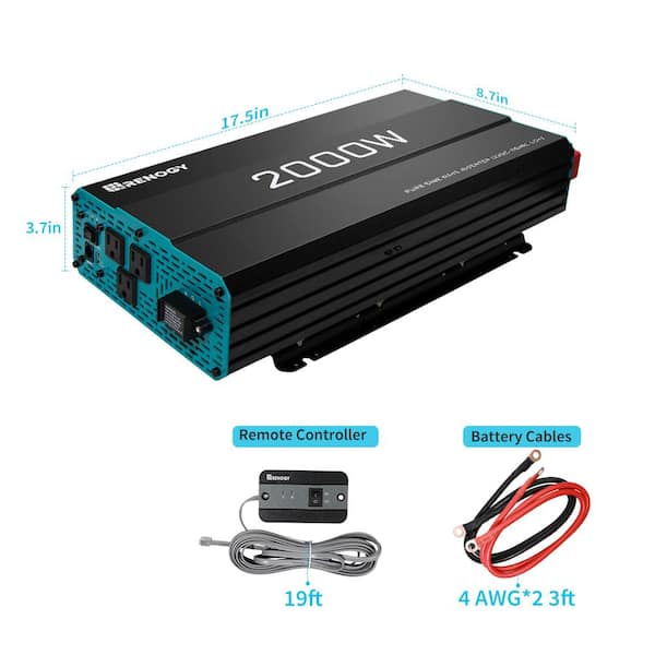 Renogy 2000Watt 12V DC to 120V AC Pure Sine Wave Inverter Charger with 4 Outlets 