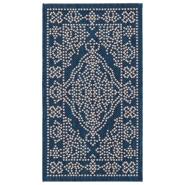 Courtyard Navy/Beige 2 ft. x 4 ft. Traditional Ornate Floral Indoor/Outdoor Area Rug
