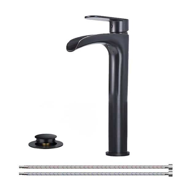 Waterfall Single Handle Bathroom Faucet with Metal Pop-Up Drain in Matte Black