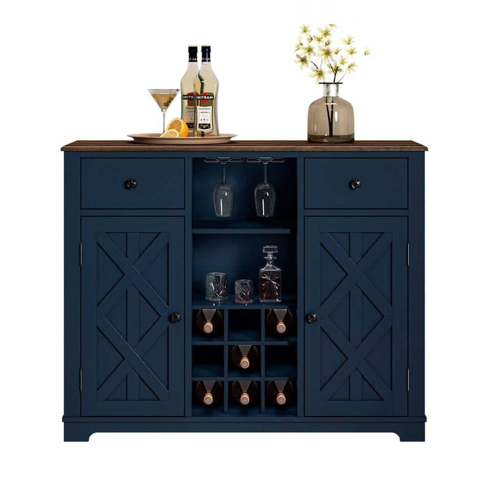 Navy Blue 47" Wood Bar Cabinet with Wine Rack and Nickel Knobs