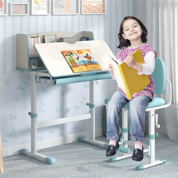 Kids Study Desk with 7-Level Tiltable Desktop Adjustable Height Pull Out Drawer Blue