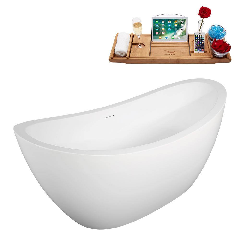 67" Matte White Acrylic Freestanding Slipper Tub with Polished Brass Trim