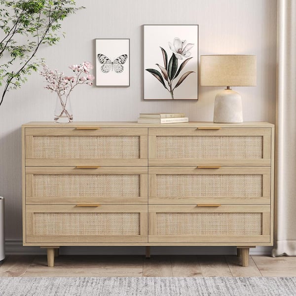 Natural 6-Drawer 51 in. Wide Dresser without Mirror