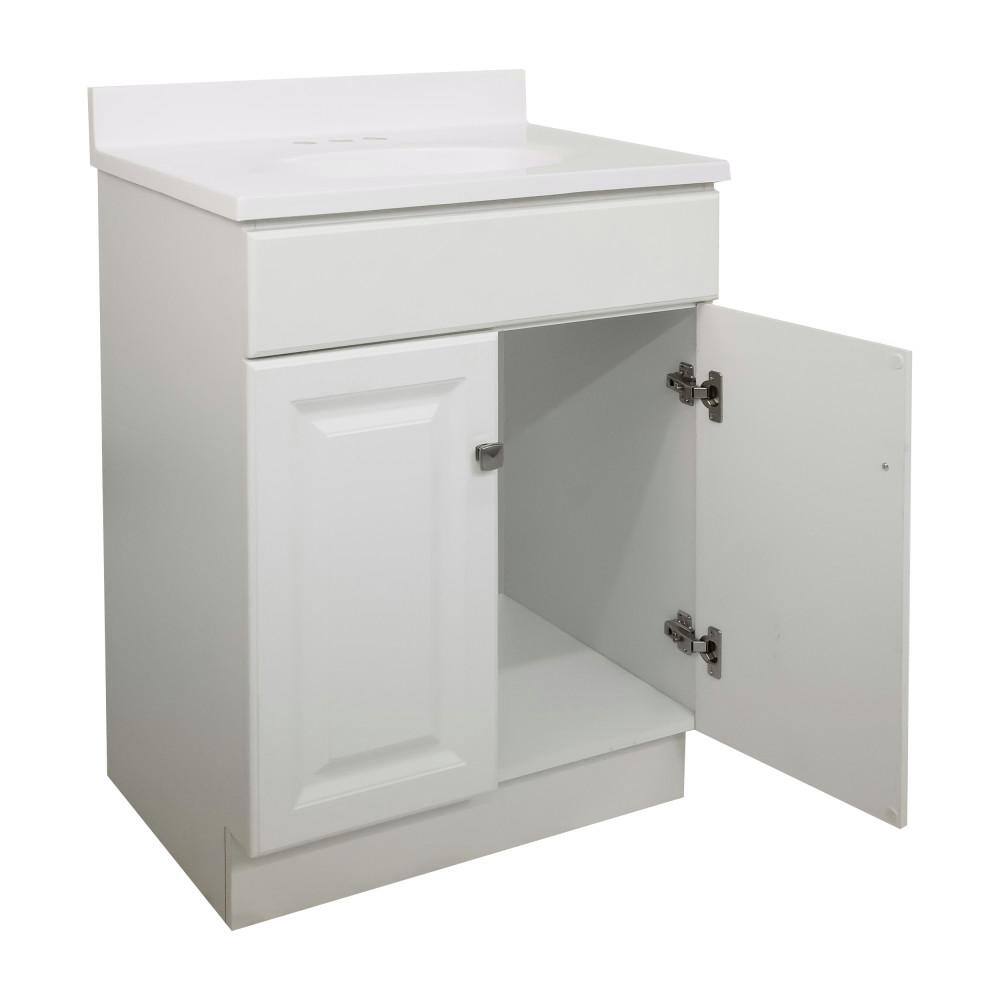 White Cultured Marble 25-Inch Bathroom Vanity with Satin Nickel Knobs