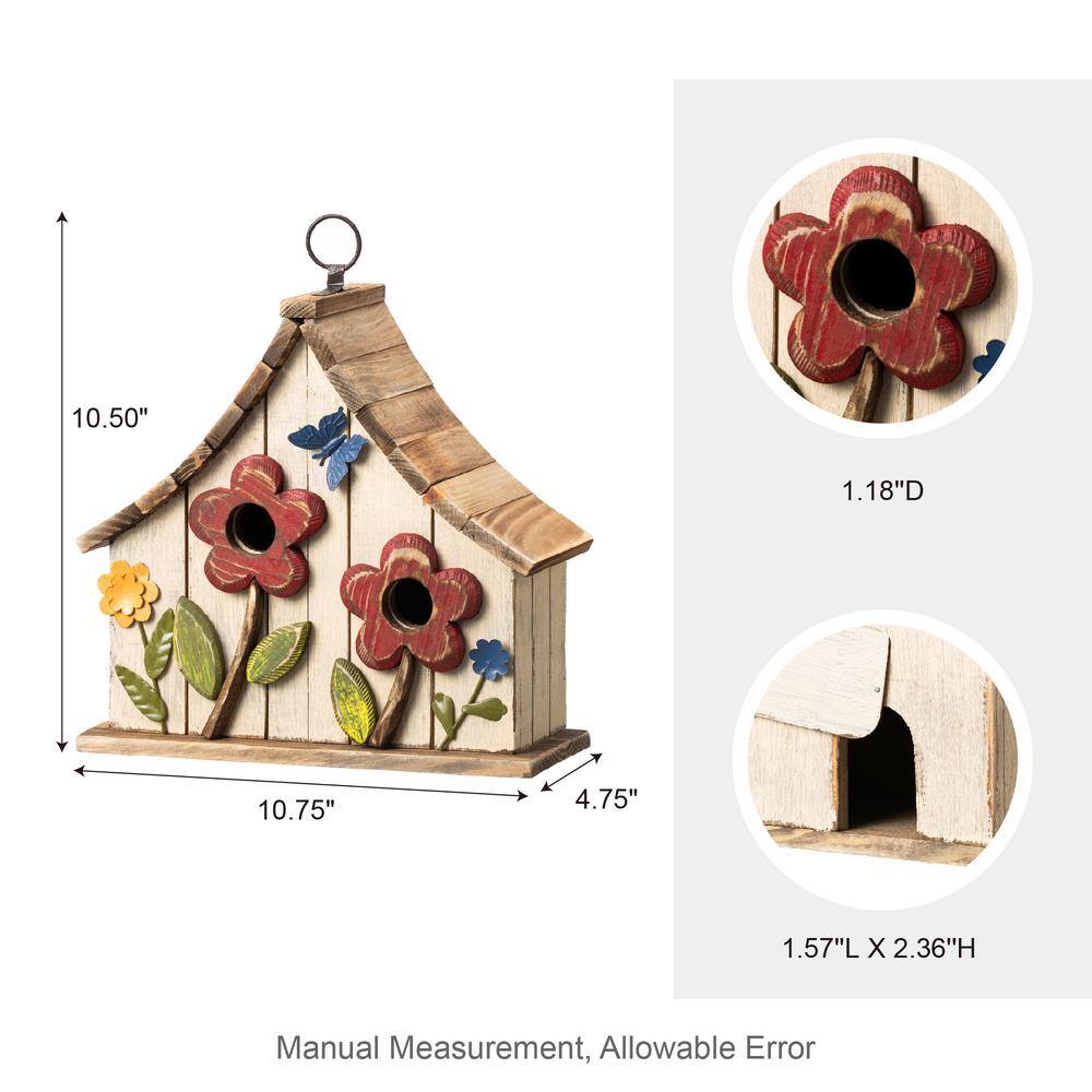 Distressed White Wooden Two-Story Garden Birdhouse with 3D Flowers