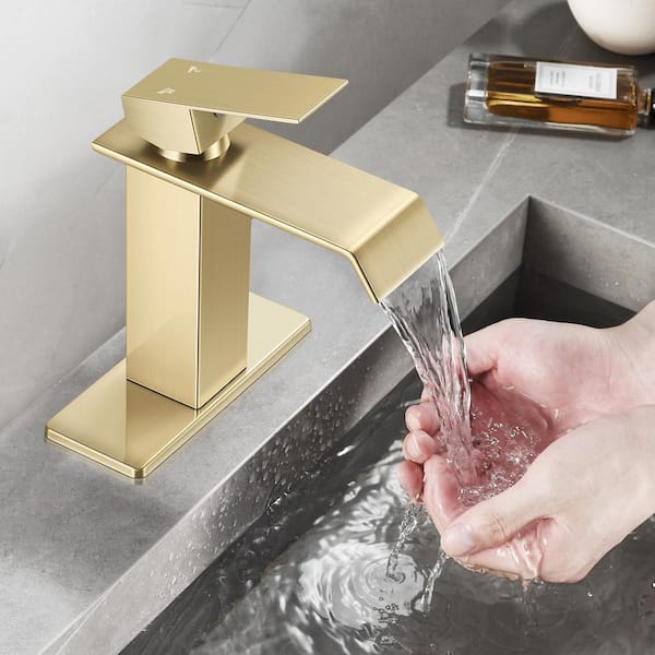 Waterfall Single Hole Single-Handle Low-Arc Bathroom Faucet in Brushed Gold