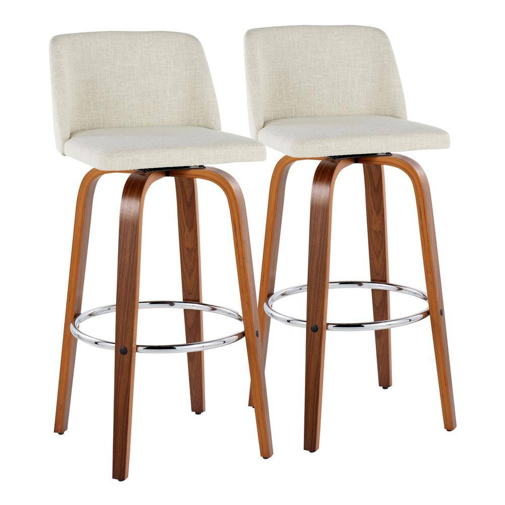 Cream Upholstered Swivel Bar Stools with Walnut Legs