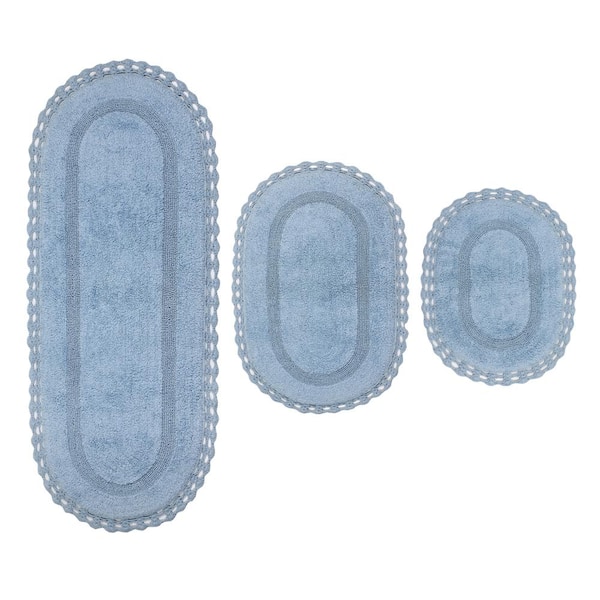 HOME WEAVERS INC Hampton Crochet Reversible 100% Cotton Bath Rug Set, 3-Pcs Set with Runner, Blue