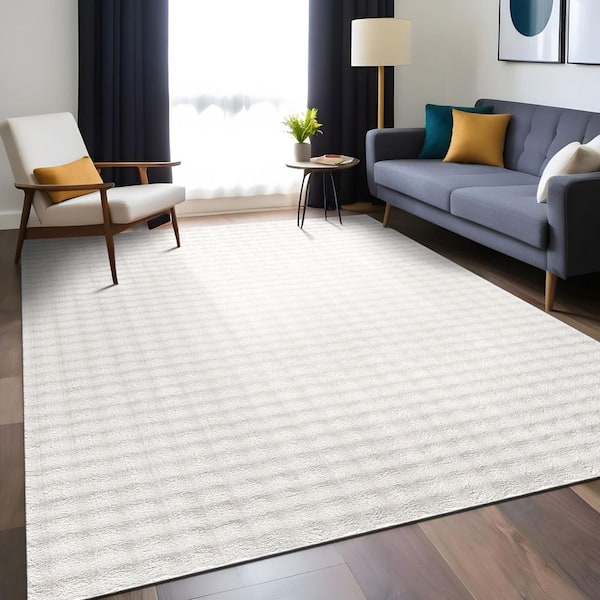 Aurora 8 ft. x 10 ft. White Non-Slip Rubber Back Washable Polyester Checker Indoor Area Rug