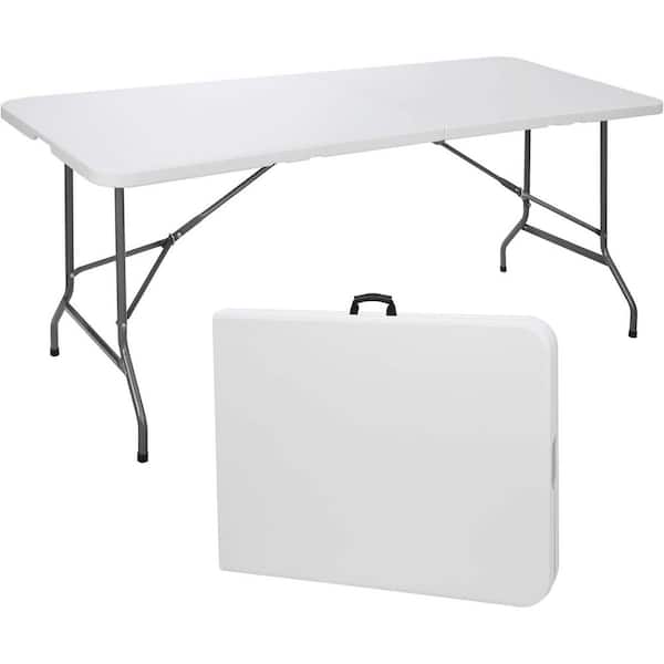 Yangming 71 in. W White Rectangle Steel Frame Picnic Table Folding Seats 6-People with Portable Carrying Handle for Camping