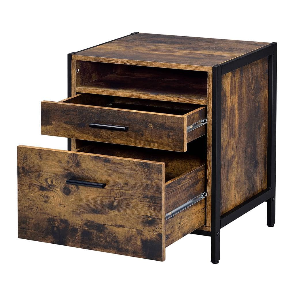 Rustic Oak and Black 2-Drawer Industrial Nightstand