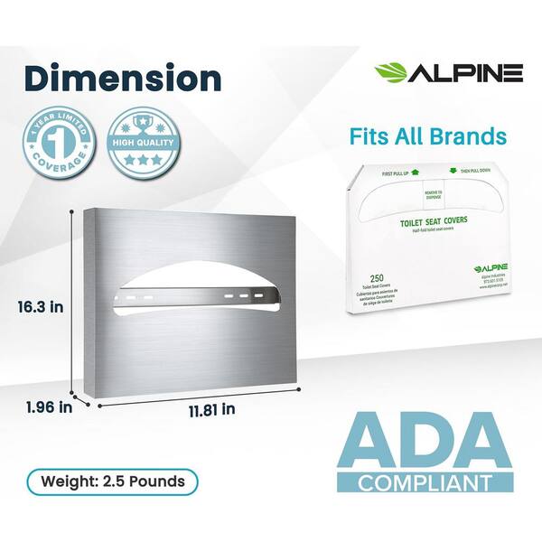 Alpine Toilet Seat Cover Dispenser - 500-Capacity Stainless Steel Wall Mount For Commercial Restrooms