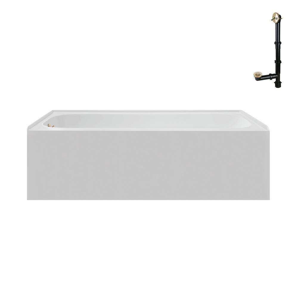 66-Inch Glossy White Acrylic Alcove Bathtub with Polished Brass Drain