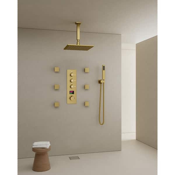 CRANACH 7-Spray Patterns 12 in. Dual Shower Head Ceiling Mount and Handheld Shower Head in Brushed Gold