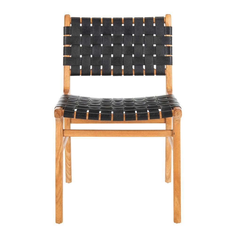 Taika Black Woven Leather and Natural Wood Dining Chair Set