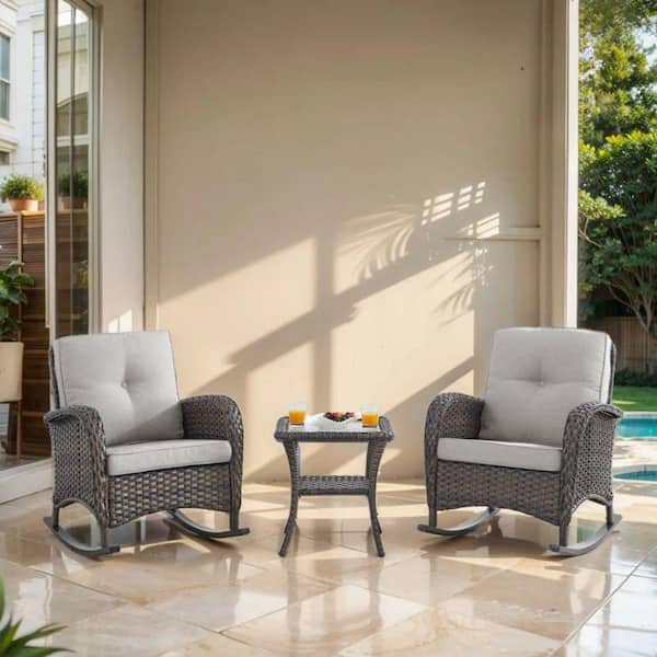 Gymojoy Annies Brown 3-Piece Wicker Outdoor Rocking Chair Set with CushionGuard Beige Cushion and Side table