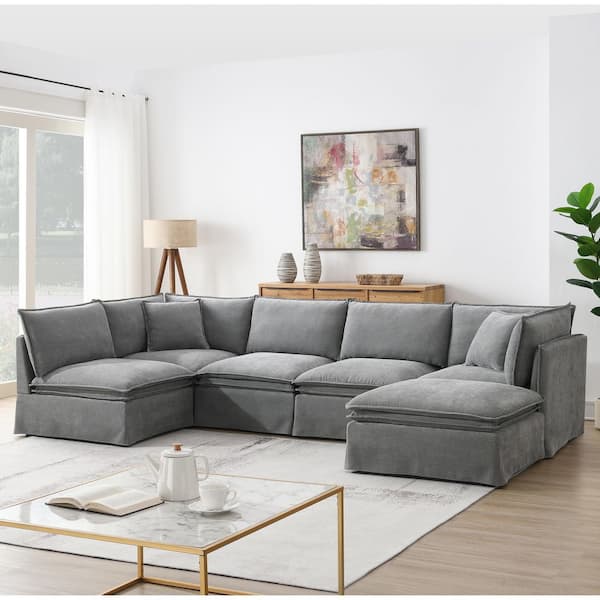 125.5 in. 6-Piece Modular Chenille L-Shaped with Movable Ottoman, Free Combination Sectional Sofa in Light Gray