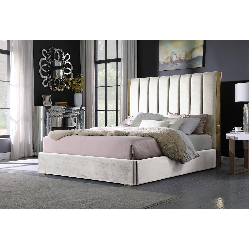 Luxurious Beige Velvet California King Bed with Gold Metal Accents