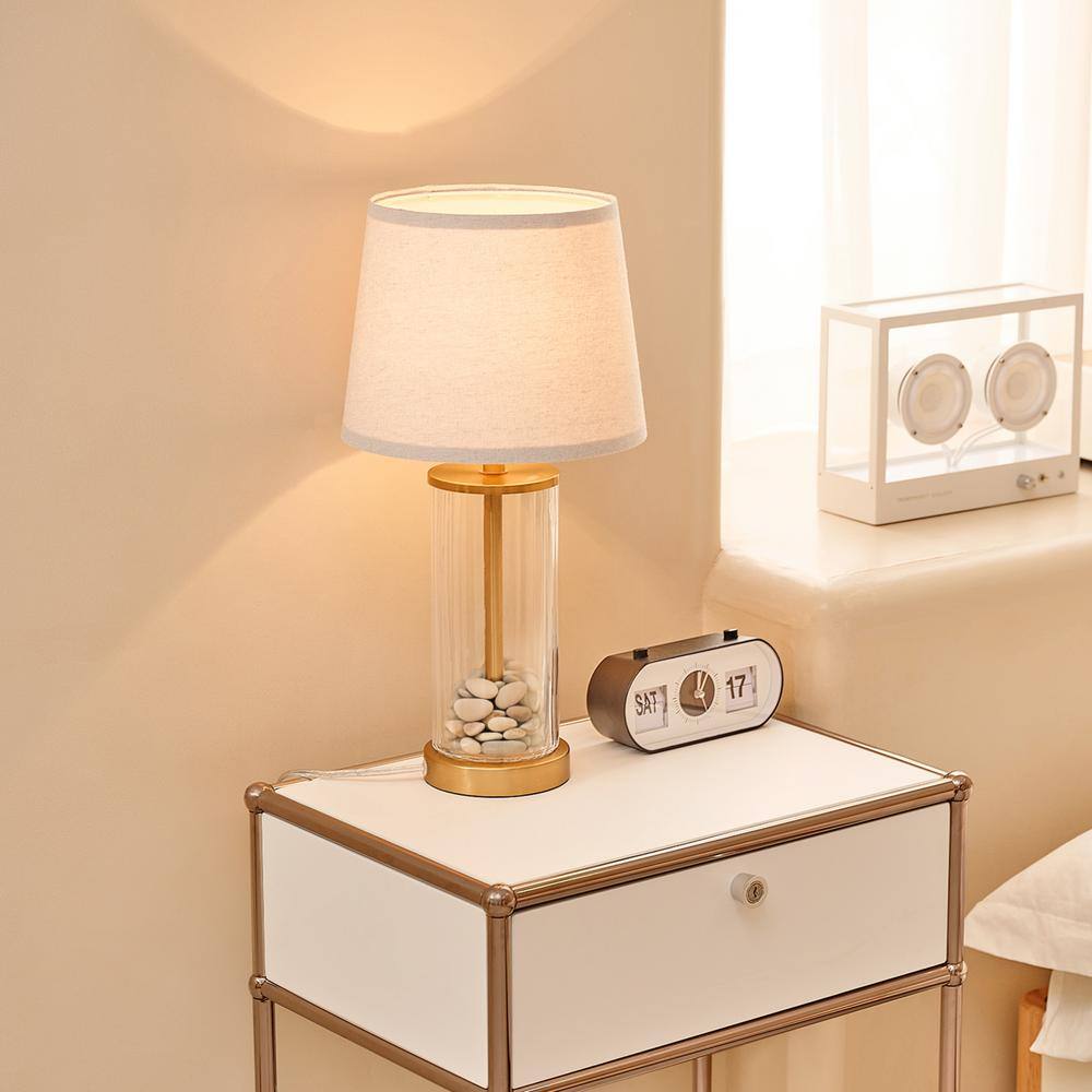20" Clear Glass Table Lamp with Matte Brass Accents and Off-White Linen Shade
