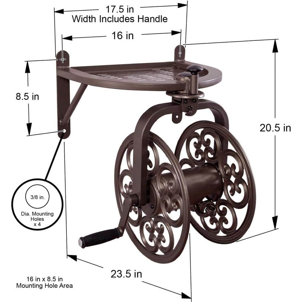 Brown Steel Wall Mount Rotating Hose Reel with Storage Tray