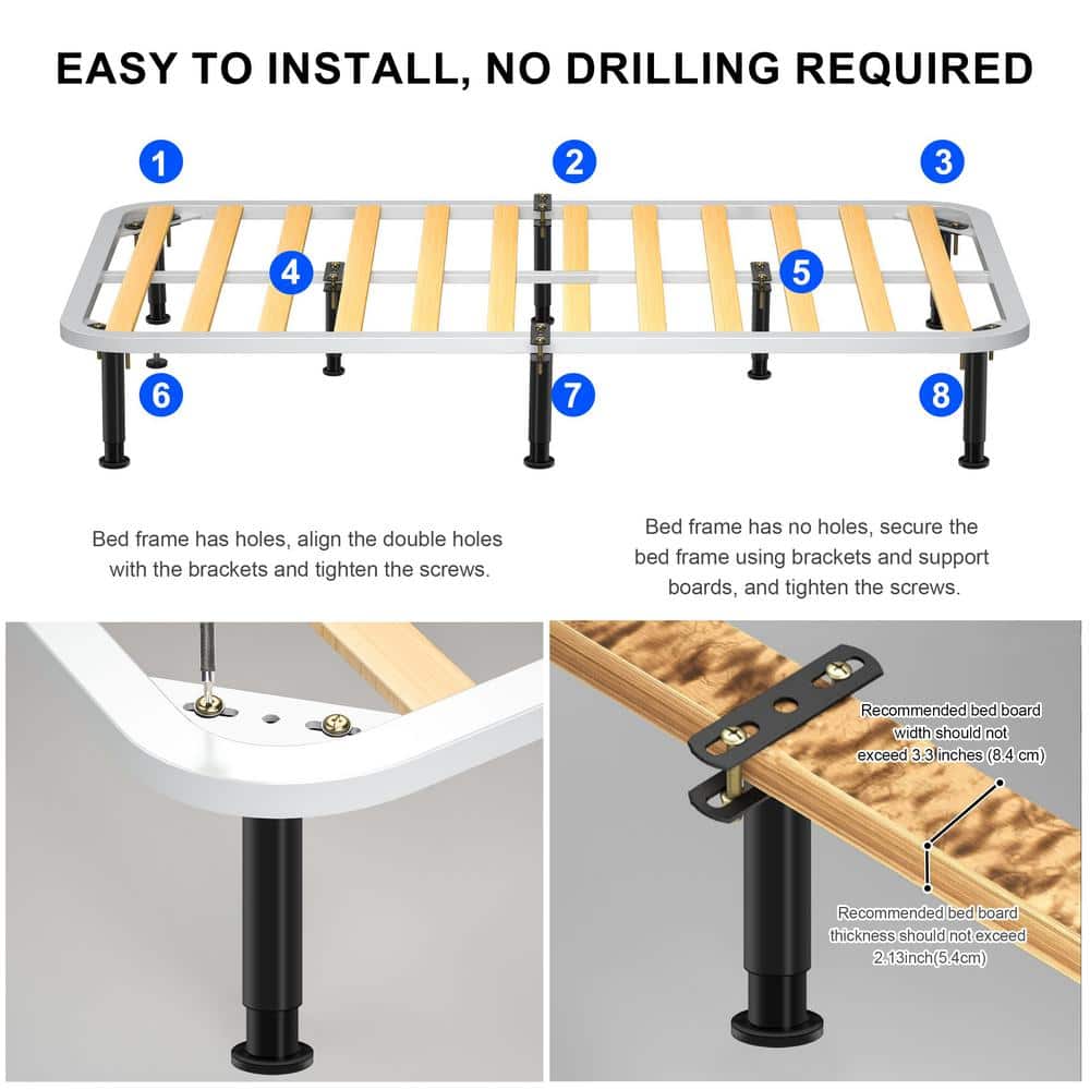 Installation steps infographic for attaching metal bed support legs.