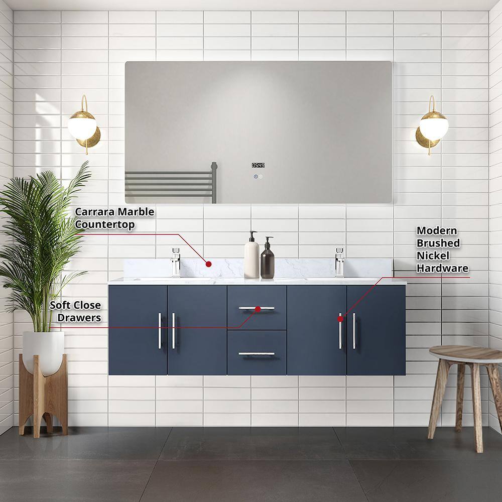 Geneva 60" Navy Blue Double Vanity with White Marble Top