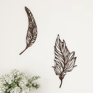 Distressed Brown Laser Cut Metal Feather Wall Art (Set of 2)