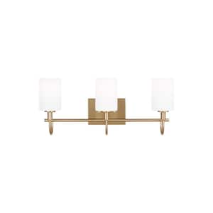 Oak Moore 23.875 in. 3-Light Satin Brass Vanity Light with LED Bulbs and Etched/White Glass Shades