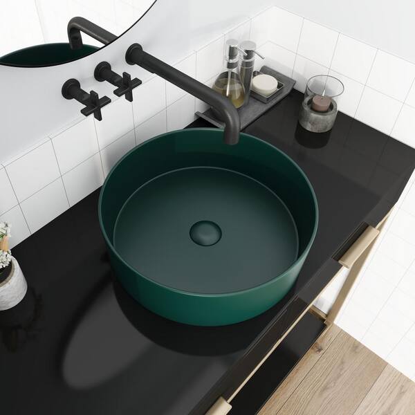 Matte Green Round 360mm Top Counter Basin – Porcelain Sink With Slim Edge, New