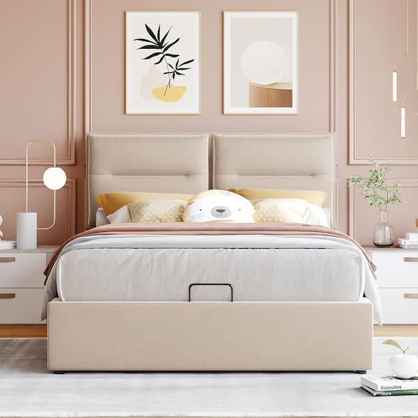 Polibi Beige Wood Frame Full Size Upholstered Platform Bed with a Hydraulic Storage System