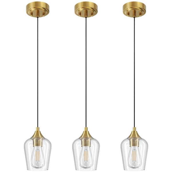 60-Watt 1-Light Brushed Gold Shaded Pendant Light Kitchen Island w/ Glass Shade E26 Base and Adjustable Cable, (3-Packs)