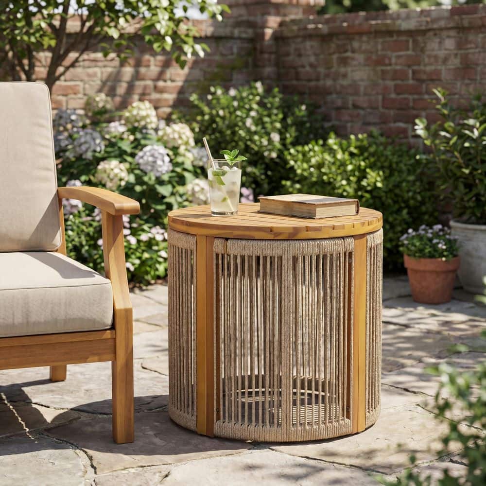 Yumi Brown and Teak Finish Round Acacia Wood Patio Outdoor Side Table with Handwoven Rope Base price history on PriceWatchPro