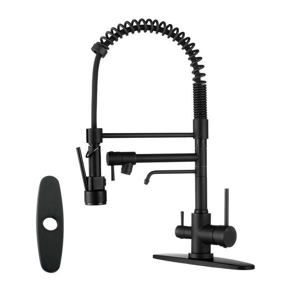 22.3 in. Double Handle Pull Down Sprayer Kitchen Faucet with Drinking Water and 360° Spout Swivel in Matte Black