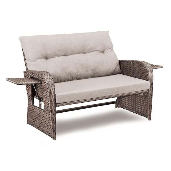 Brown Wicker Outdoor Sofa Day Bed Loveseat Sun Lounger for Backyard Porch with Cozy Cushion Guard Beige Cushions