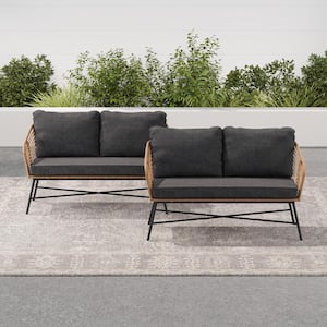 Flow 2-Pack Aluminum Outdoor Loveseat for Porch or Patio, Upholstered with Dark Gray Cushions, Black Frame Wicker Accent