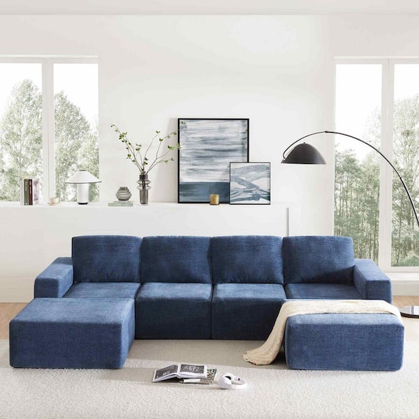Polibi 110 in. Square Arm Polyester U-Shaped Sofa, Sofa Bed in Navy
