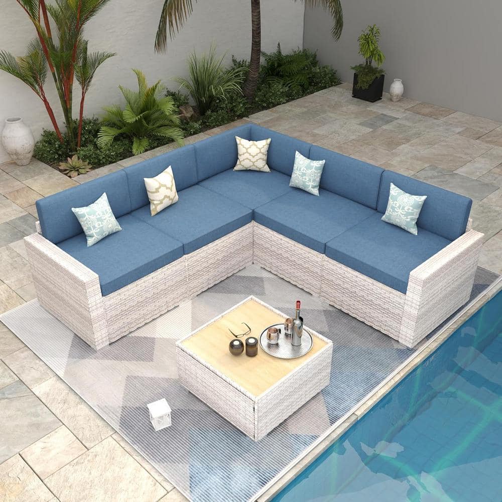 6-Piece Wicker Rattan Outdoor Patio Conversation Set with Blue Cushions and