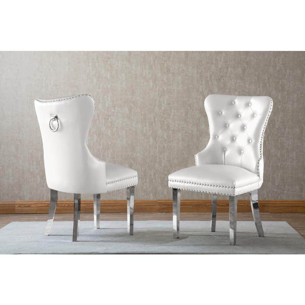 White Faux Leather Upholstered Parsons Side Chair with Metal Frame