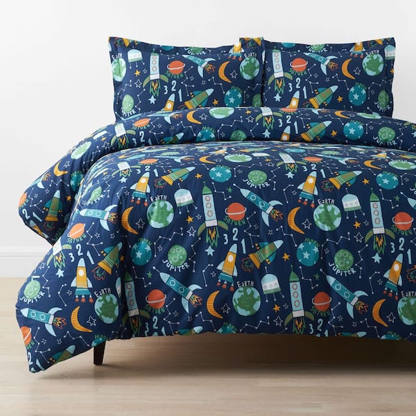 Company Kids Navy Multi Planets And Rockets Organic Cotton Percale Twin/Twin XL Queen Duvet Cover Set
