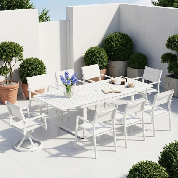 Aluminum Outdoor Dining Set of 9, Rectangular Expandable Table and Textilene Stackable Patio Chairs, Warm Gray