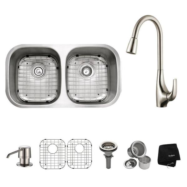 KRAUS All-in-One Undermount Stainless Steel 32 in. Double Bowl Kitchen Sink with Faucet and Accessories in Stainless Steel