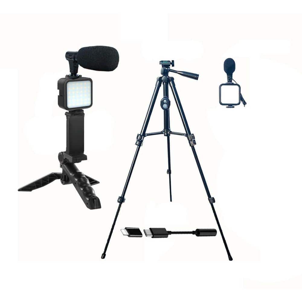 OBJLGEV Vlogging Kit with Two Tripods, Light, Microphone, Remote, Jack Adapter for iPhone, Android, YouTube Starter Set