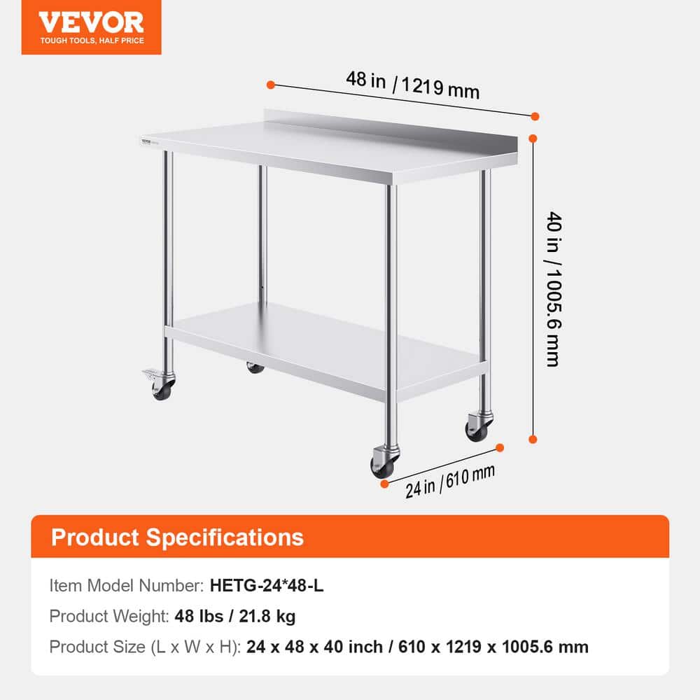 VEVOR 40" H x 48" L Stainless Steel Adjustable Work Table