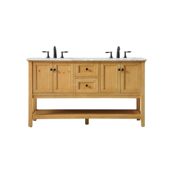 Unbranded Timeless Home 60 in. W x 22 in. D x 34 in. H Double Bathroom Vanity in Natural Wood with White Marble