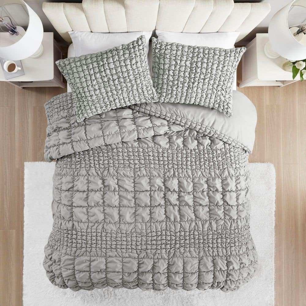 Gray Full Microfiber Ruched Comforter Set