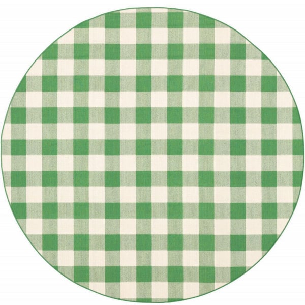 Green, Ivory 8 ft. x 8 ft. Loomed Geometric Polypropylene Round Indoor/Outdoor Area Rug