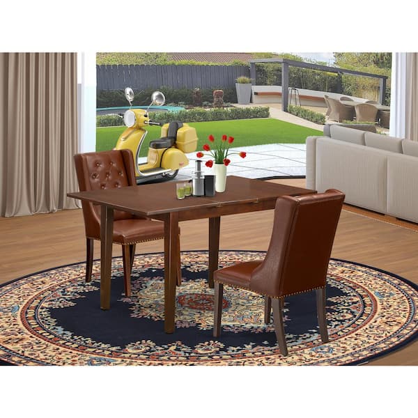 East West Furniture 3-Piece Mahogany Finish Solid Wood Top with Butterfly Leaf Dining Table Set