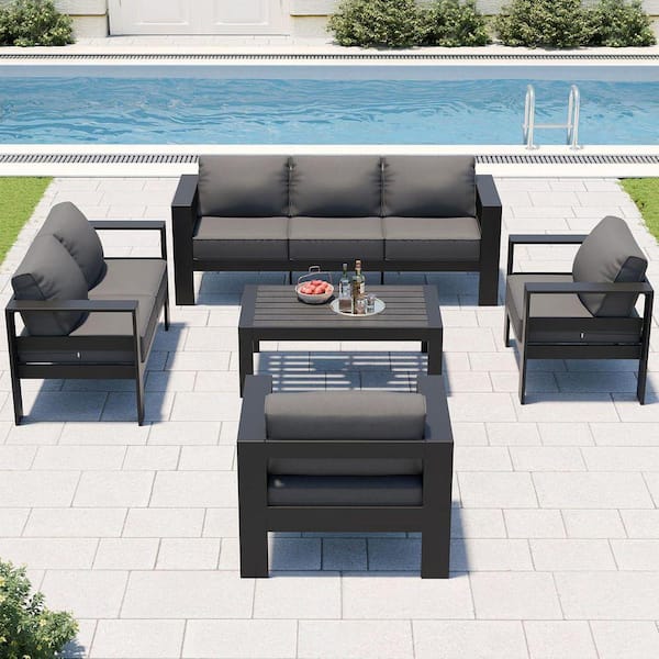 DIGITIME Ocean View 5-Piece Aluminum Patio Conversation Set with Slate Grey Cushions